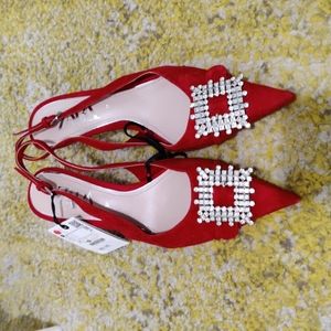 Zara Red Embellished kitten heels size 37